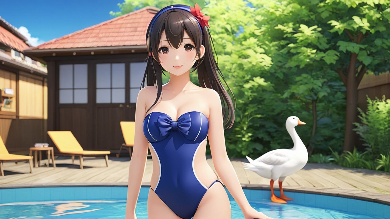 Young woman in blue swimsuit by pool with goose