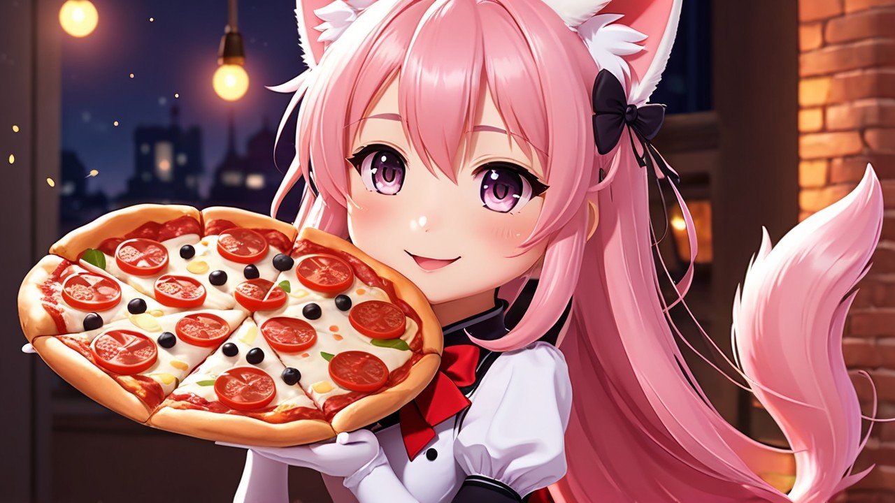 Cheerful character with pink hair and pizza in cozy setting