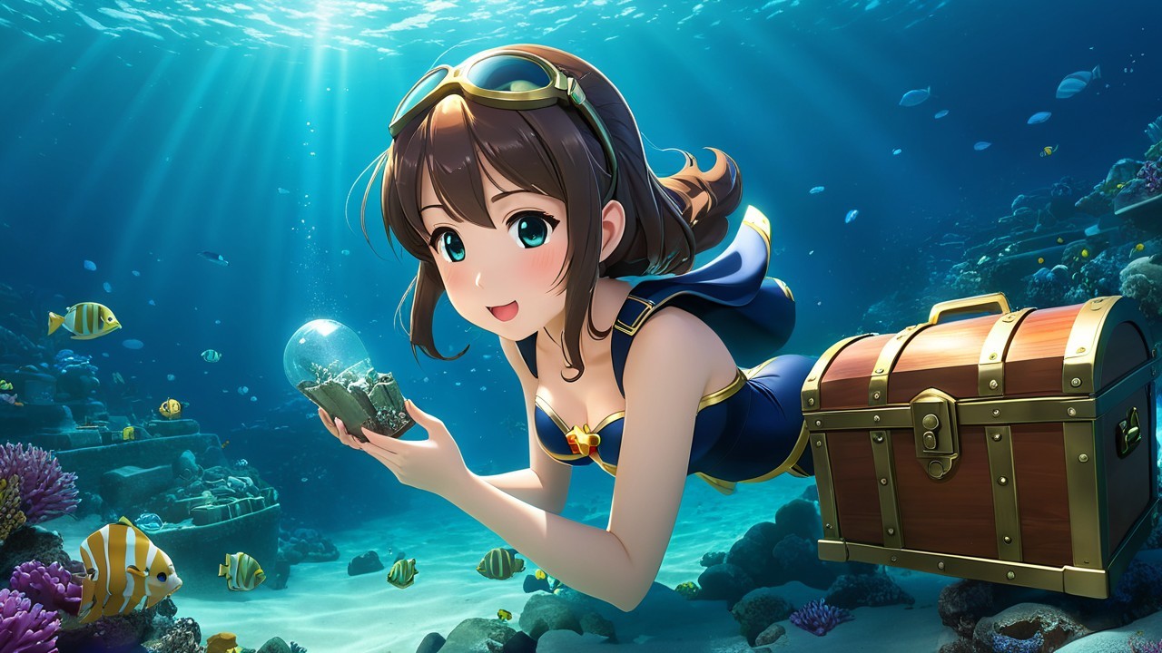 Cheerful anime girl swimming with treasures underwater