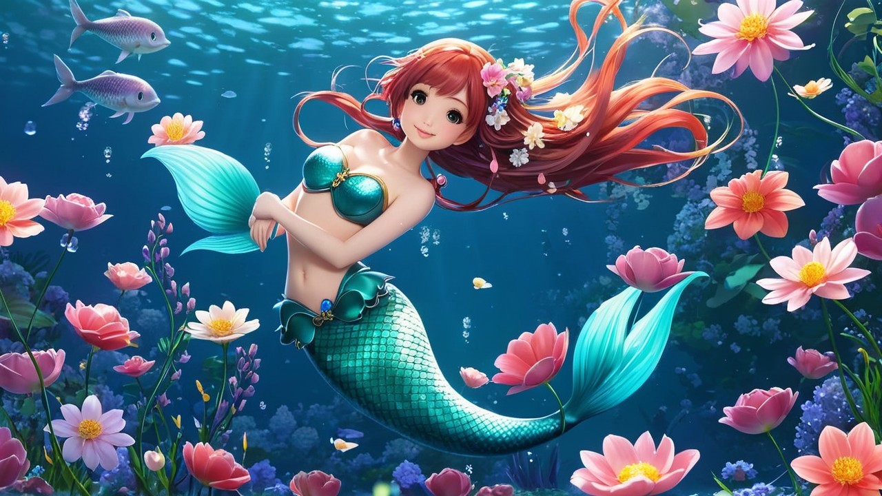 Vibrant Underwater Scene with Mermaid and Fish