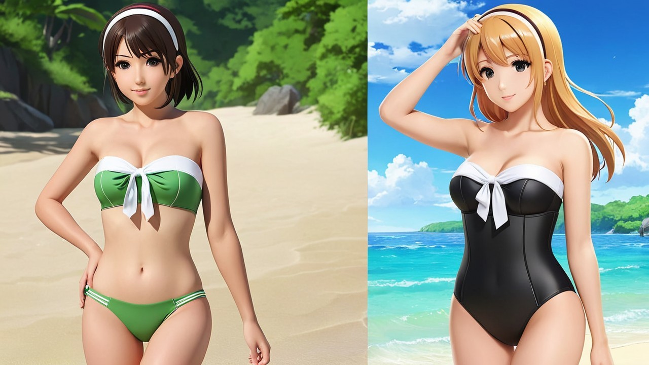 Anime Characters in Swimsuits at Vibrant Beach Scene