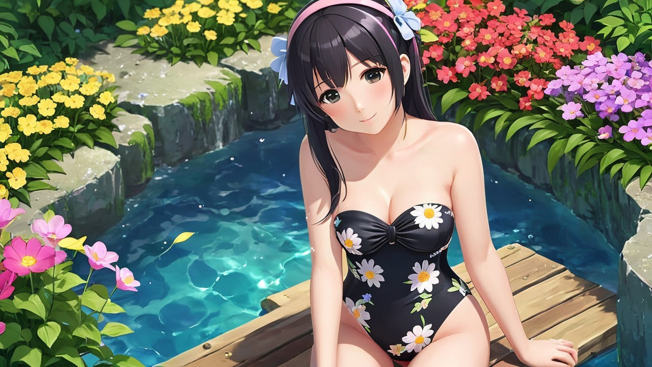 Young Woman Relaxing by a Tranquil Blue Pool