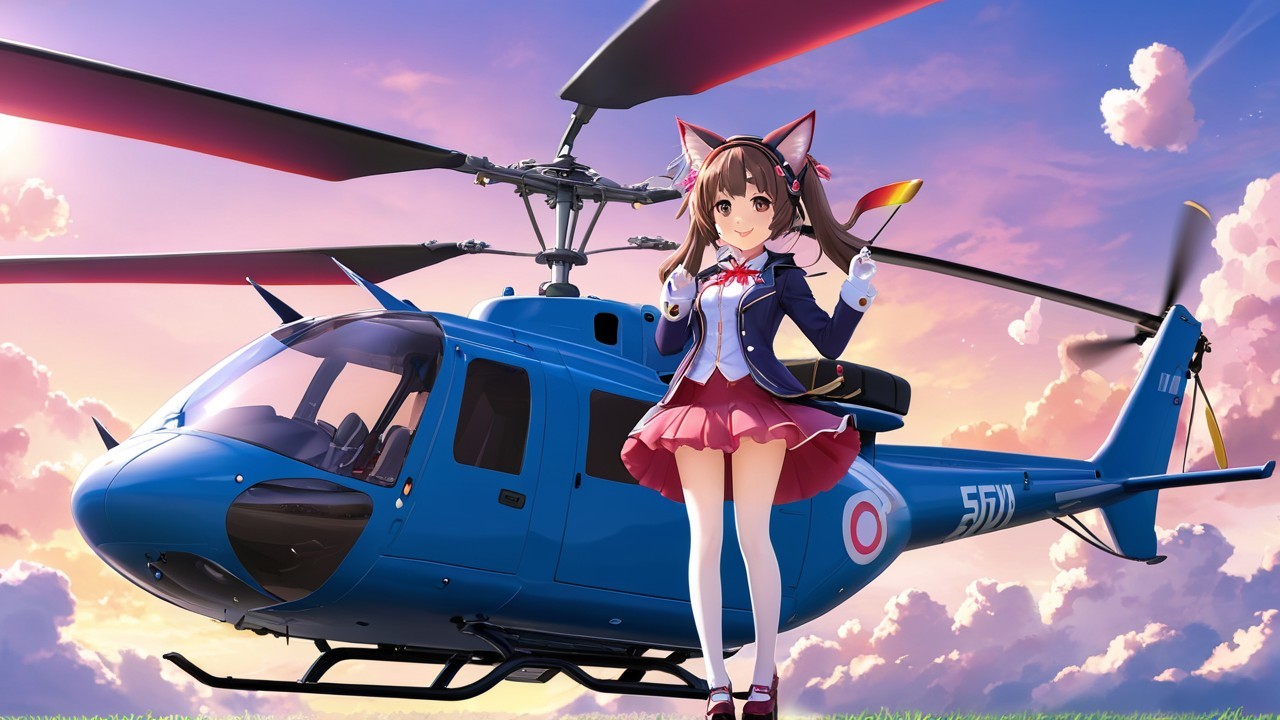 Stylized Character with Helicopter in Vibrant Sky