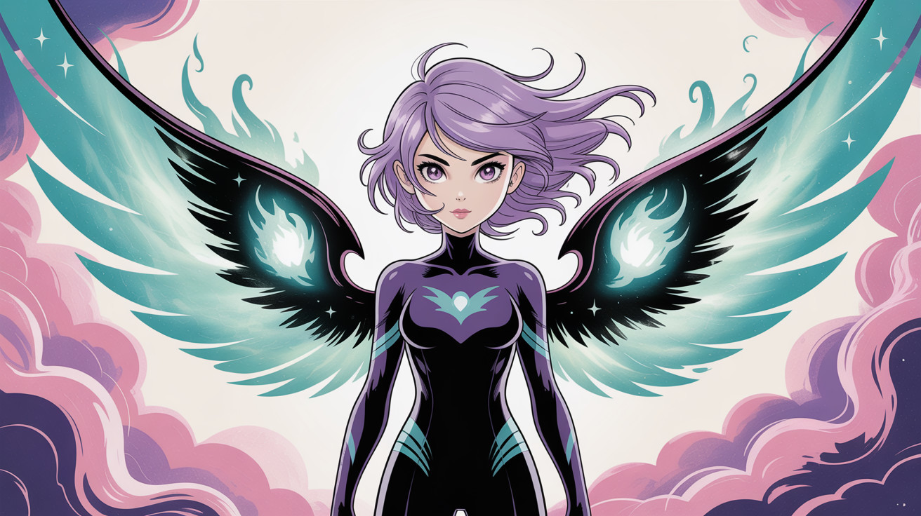 Anime girl with purple hair and wings in clouds