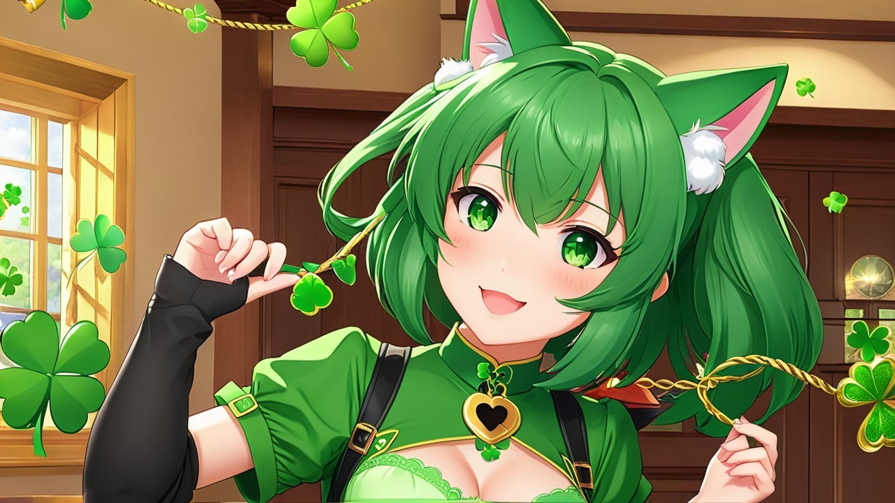 Cheerful character with green hair and shamrock decor