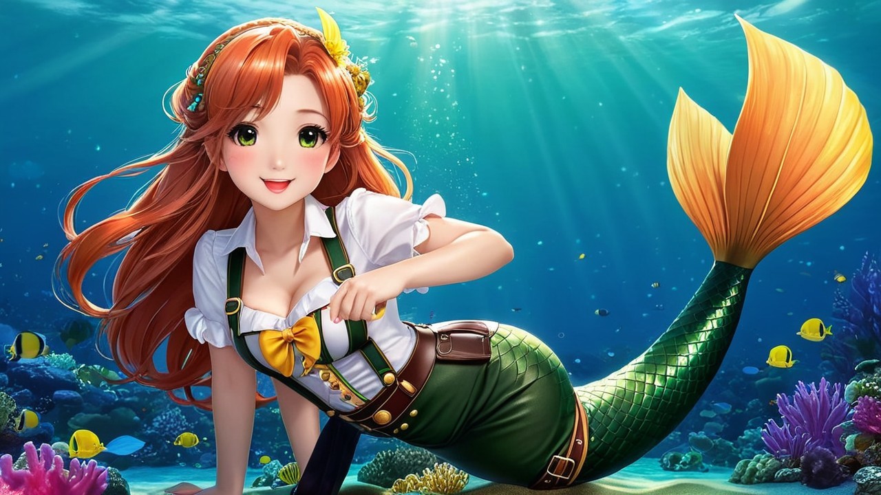 Mermaid with Orange Hair in Colorful Coral Scene