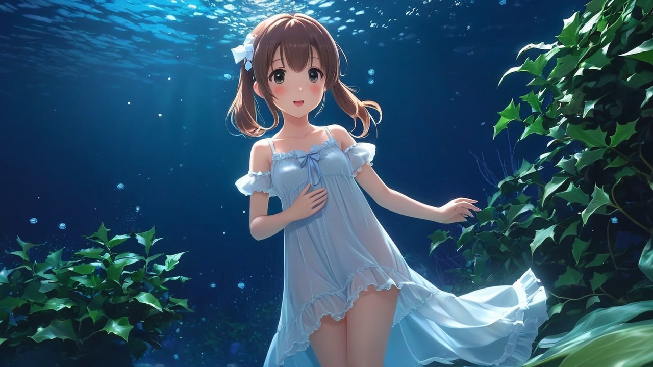 Underwater Scene with Young Girl in Blue Dress