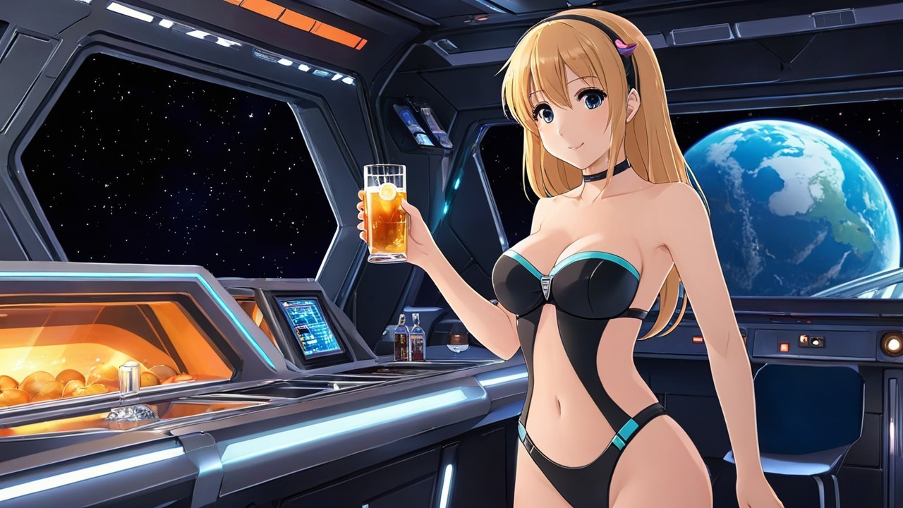 Futuristic Space Bar Scene with Young Woman and Earth View