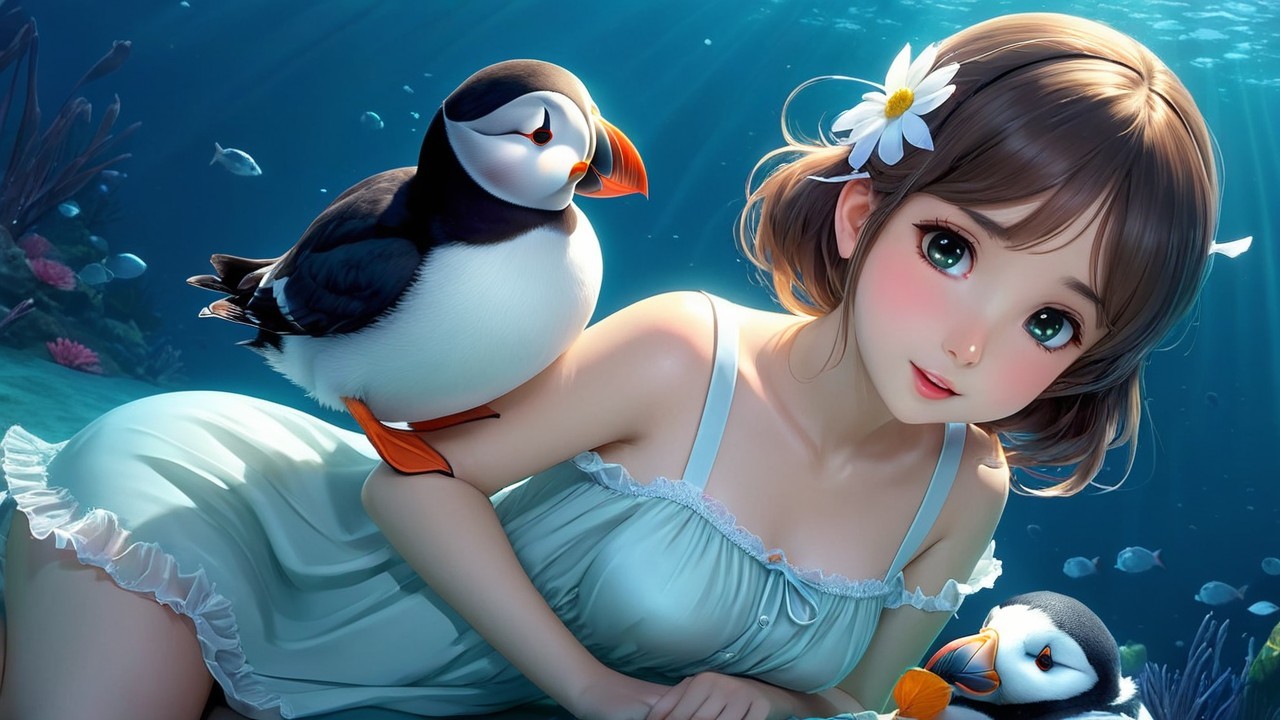 Young girl in blue dress underwater with marine life