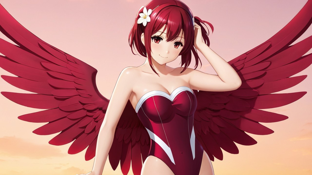 Character with Red Hair and Wings at Sunset