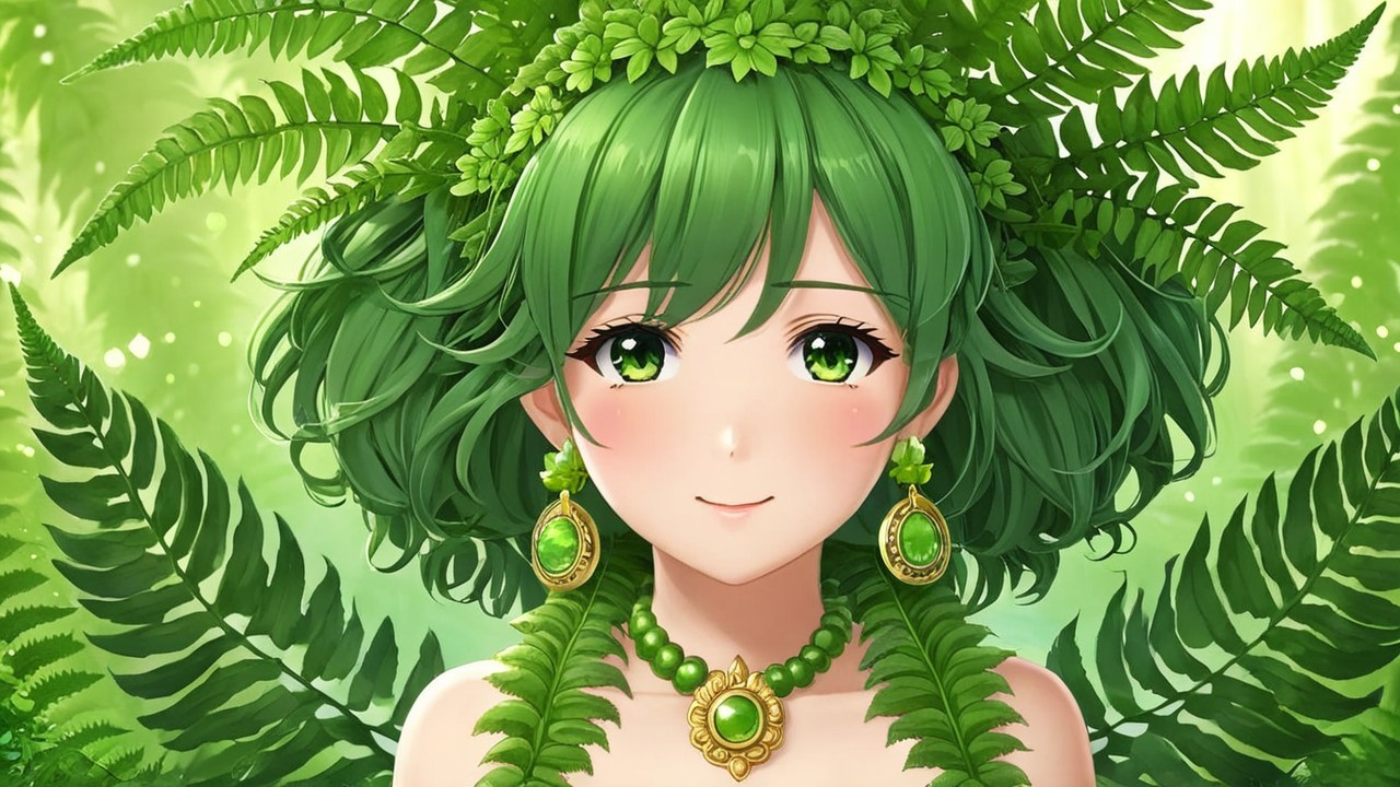 Character with Green Hair and Nature-Inspired Accessories