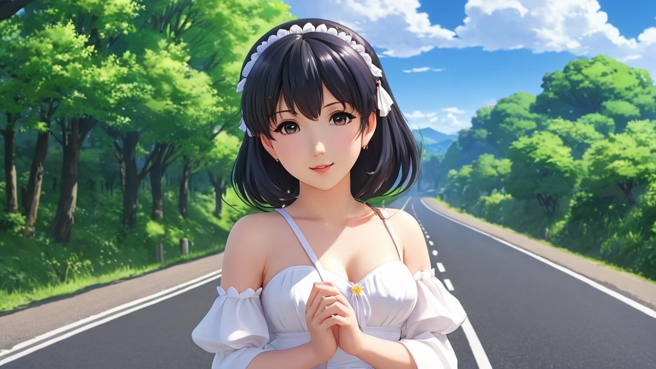 Young Woman in White Dress by Peaceful Roadside