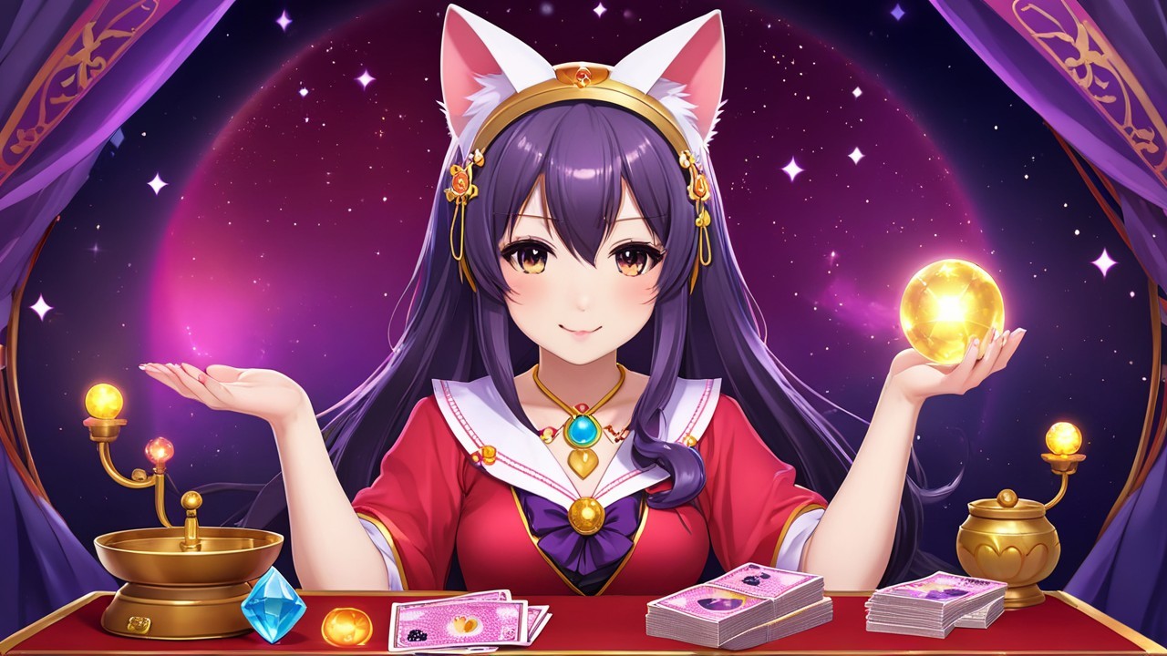 Animated character with cat ears at fortune-telling table