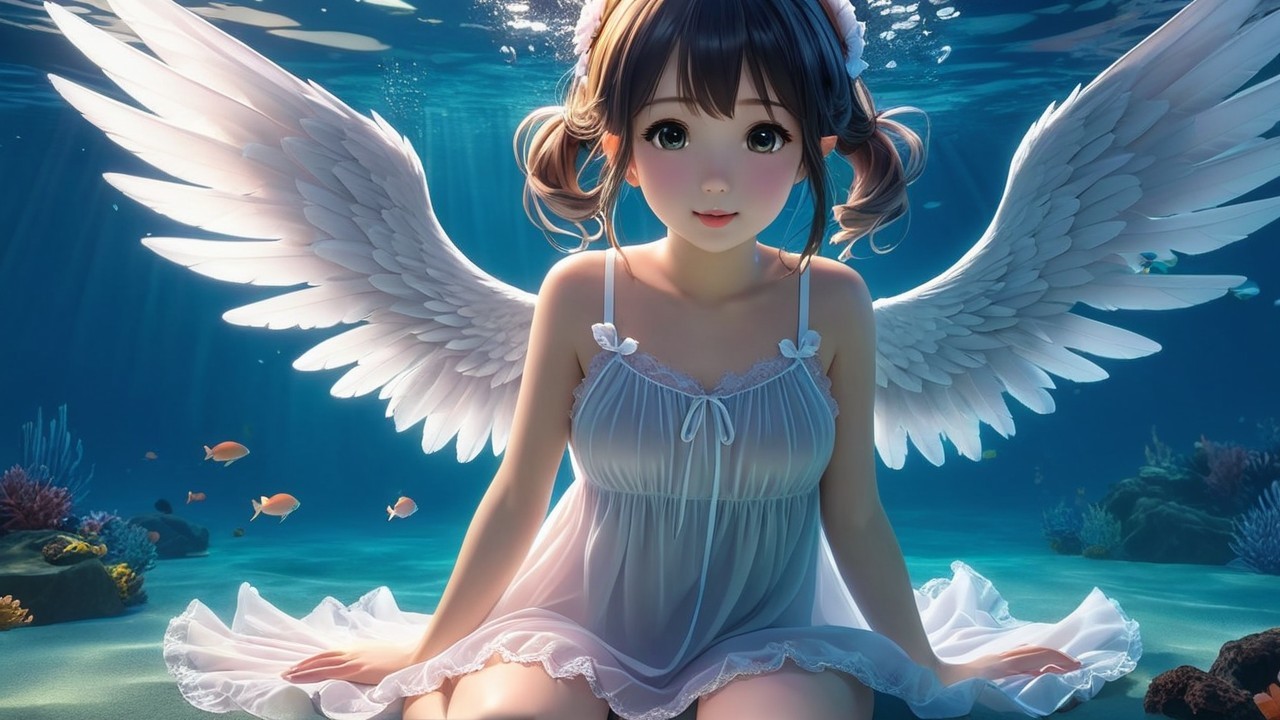 Underwater Scene with Girl and Ethereal Wings