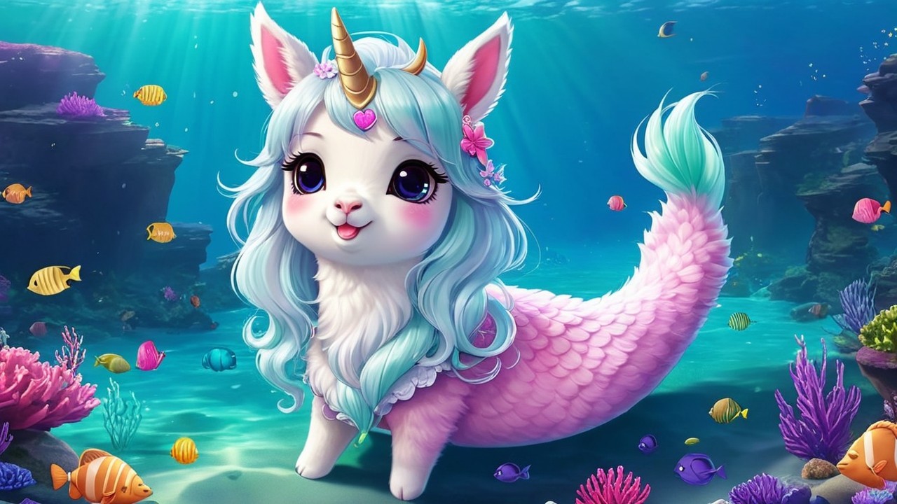Whimsical Underwater Scene with Unicorn-Creature