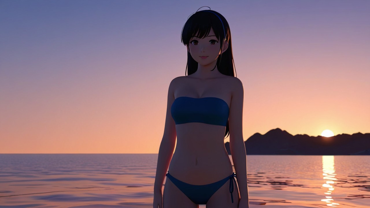 Digital Character at Ocean Shore During Sunset
