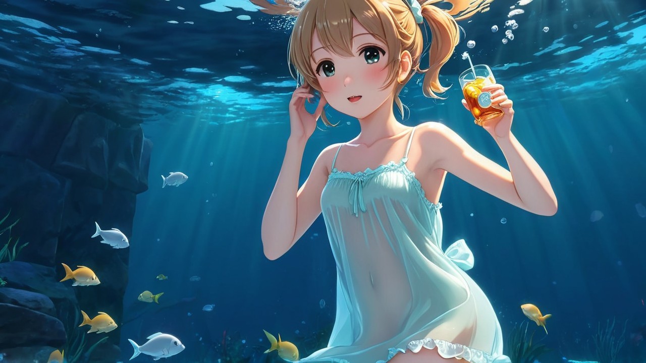 Young girl underwater with playful pigtails and fish