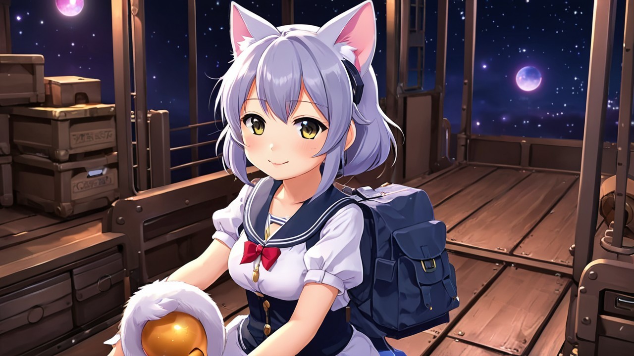 Young girl with gray hair, cat ears, and school uniform
