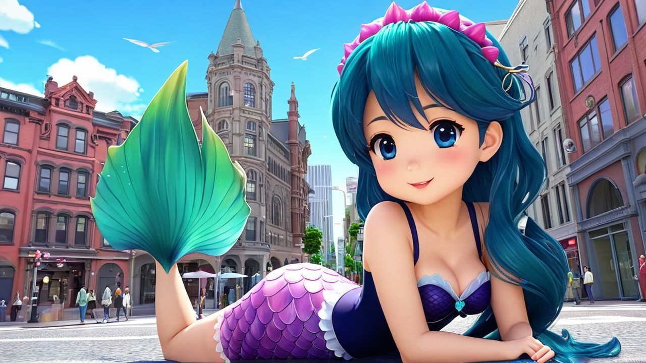 Anime-style mermaid in a vibrant city setting