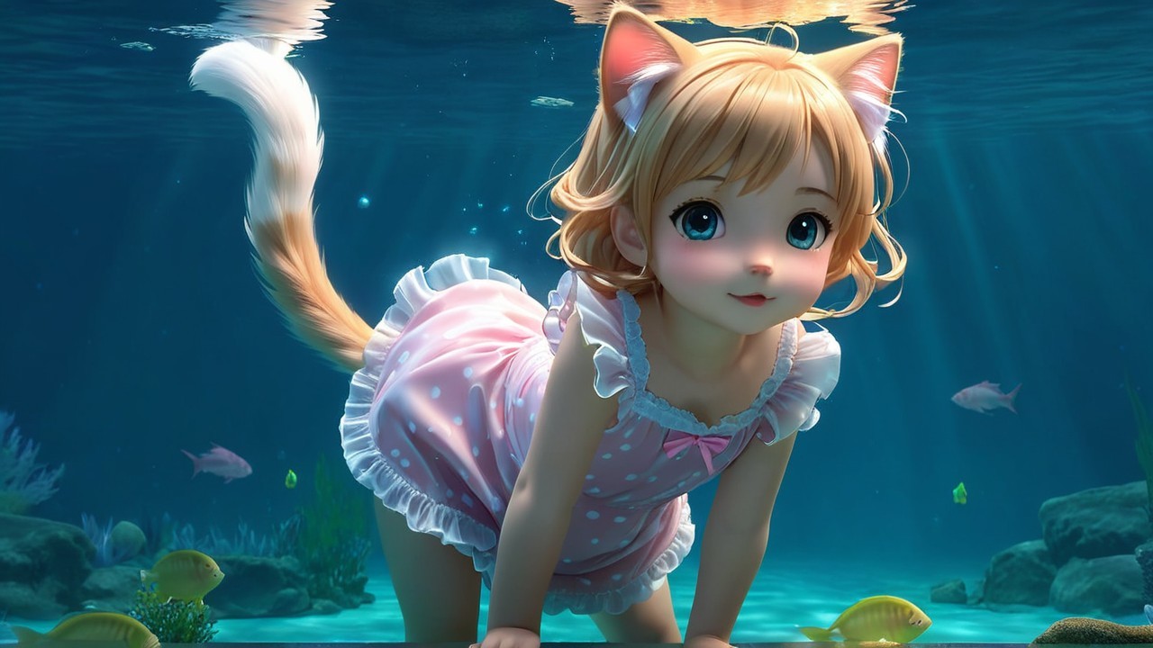 Whimsical Underwater Scene with Playful Girl