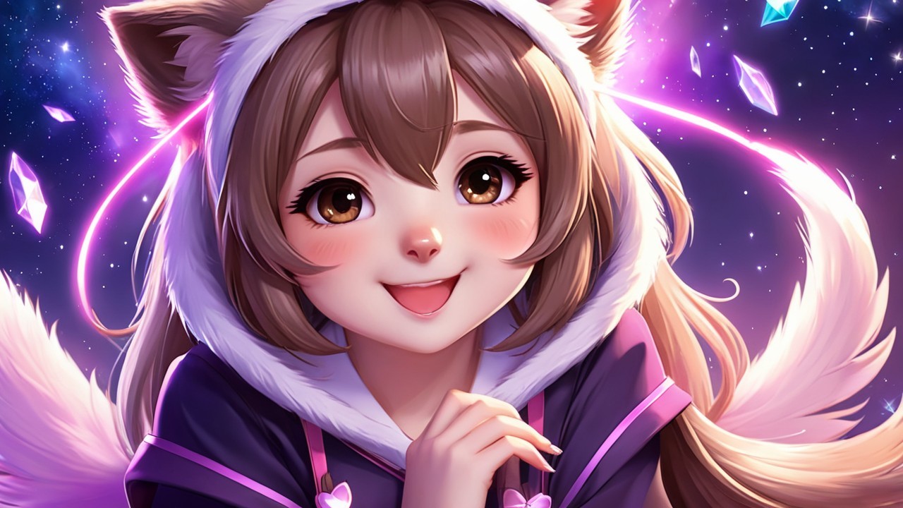 Cheerful girl in cat ear hood against cosmic backdrop