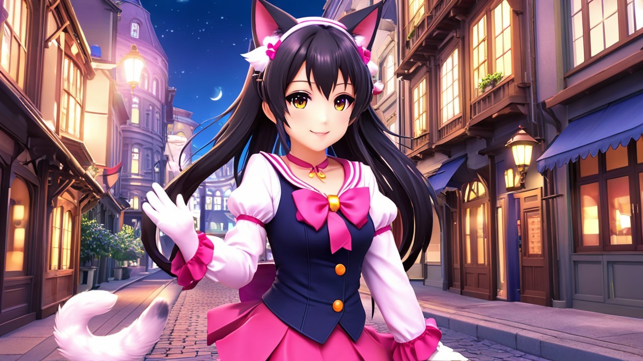 Whimsical character in illuminated night street scene