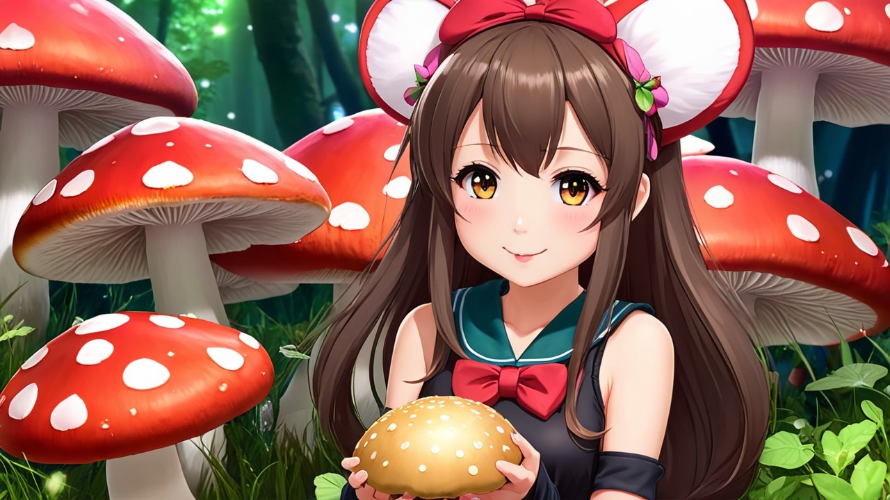 Cheerful girl with golden mushroom in whimsical forest