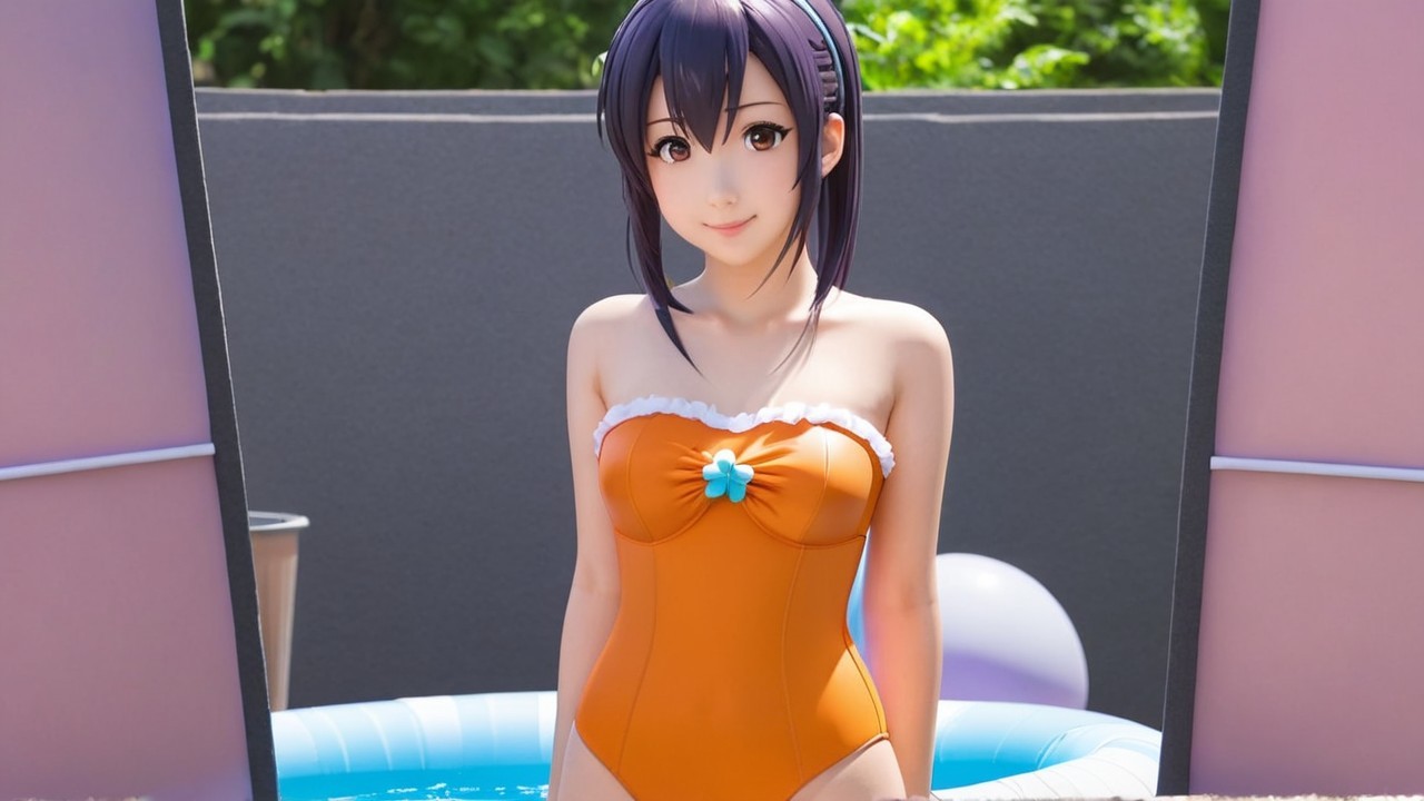 Young woman in vibrant orange swimsuit by pool
