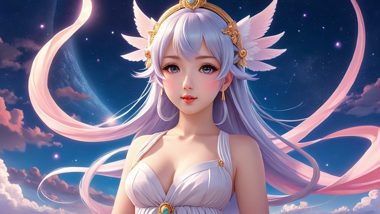 Celestial Figure with Pastel Hair and Wings in Night Sky