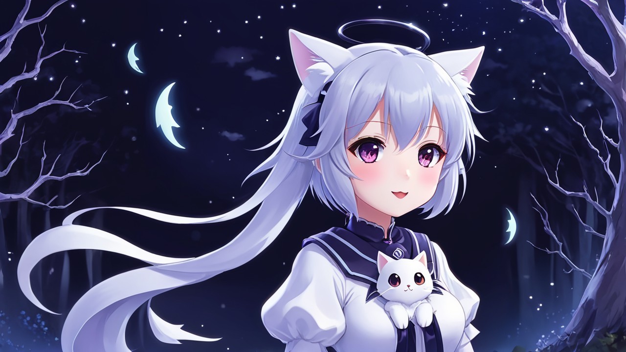 Anime Character with Cat Ears and Halo in Night Sky