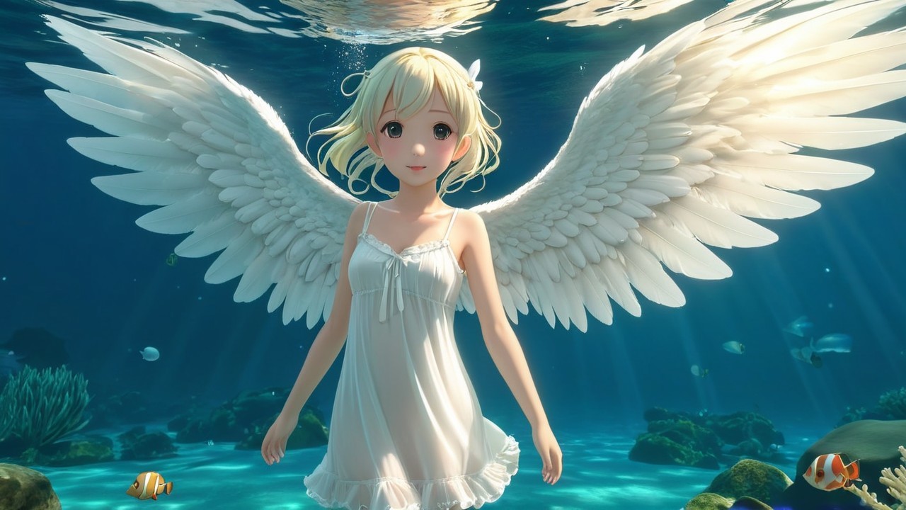 Underwater Scene with a Winged Girl and Marine Life