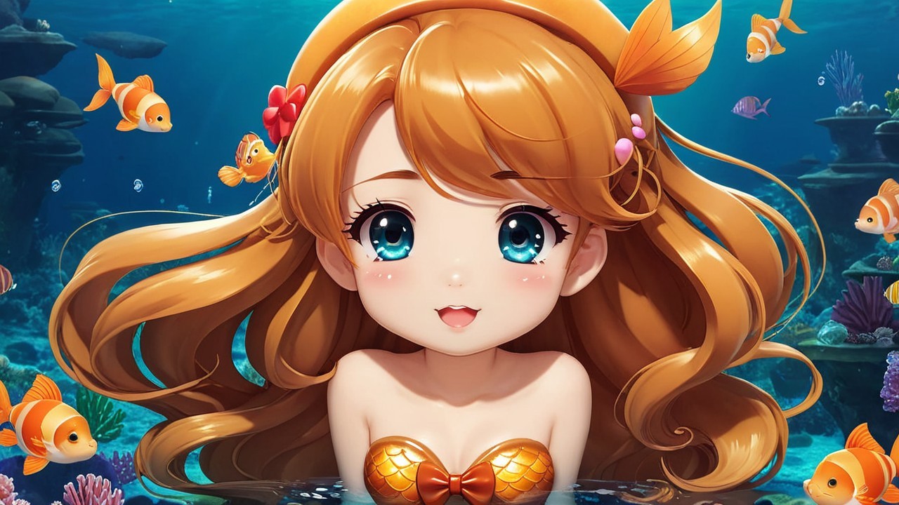 Cheerful animated mermaid in vibrant underwater scene