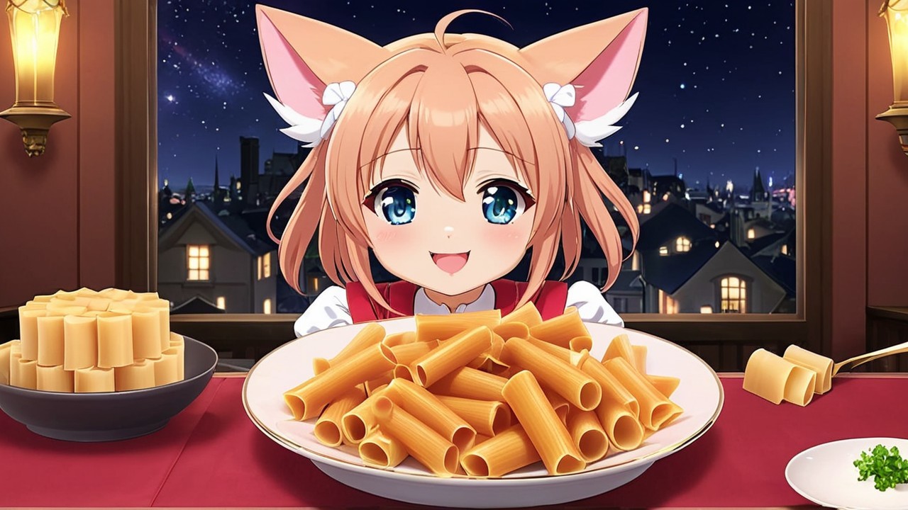 Cheerful anime character with cat ears and pasta scene