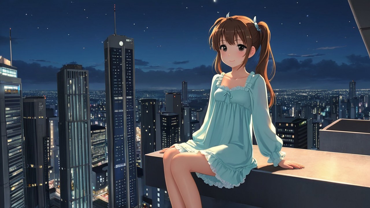 Young girl in pigtails on rooftop overlooking city skyline