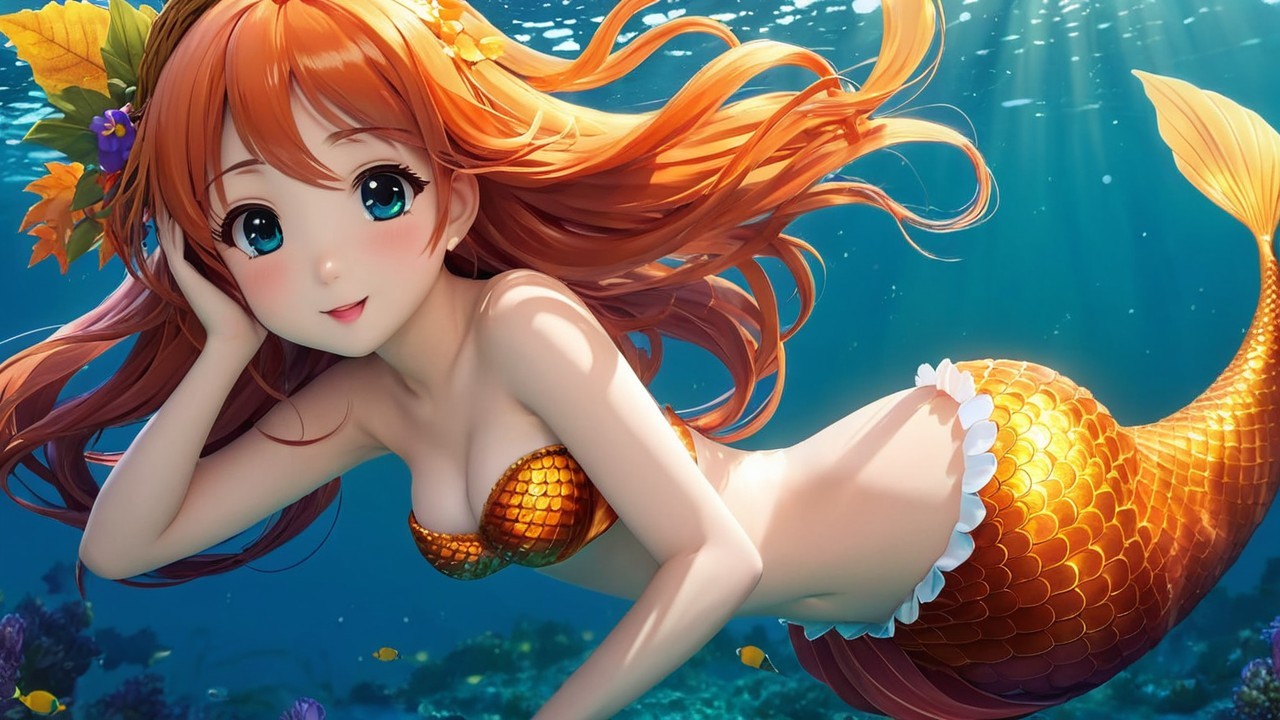 Vibrant Mermaid with Golden-Orange Tail in Coral Reef