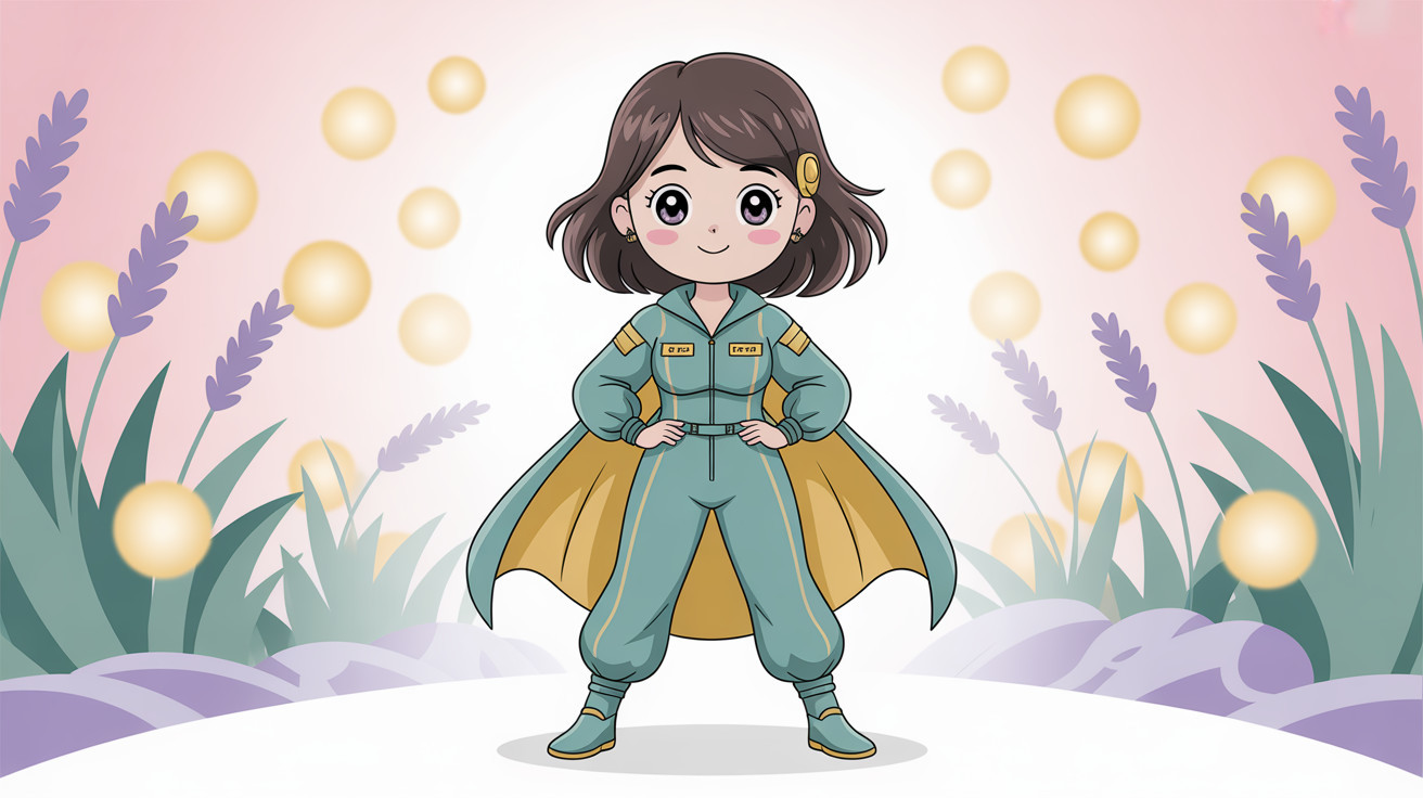 Cartoon girl in mint green outfit in lavender field