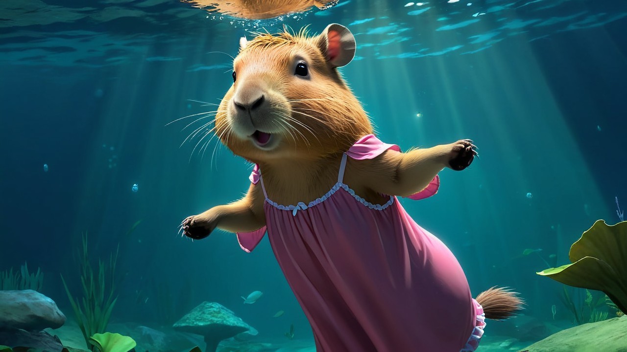 Underwater Scene with Capybara in Pink Dress