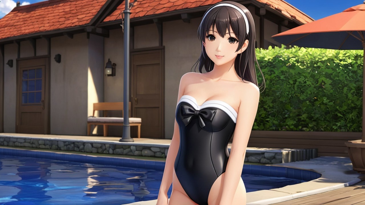 Young woman in black swimsuit by a shimmering pool