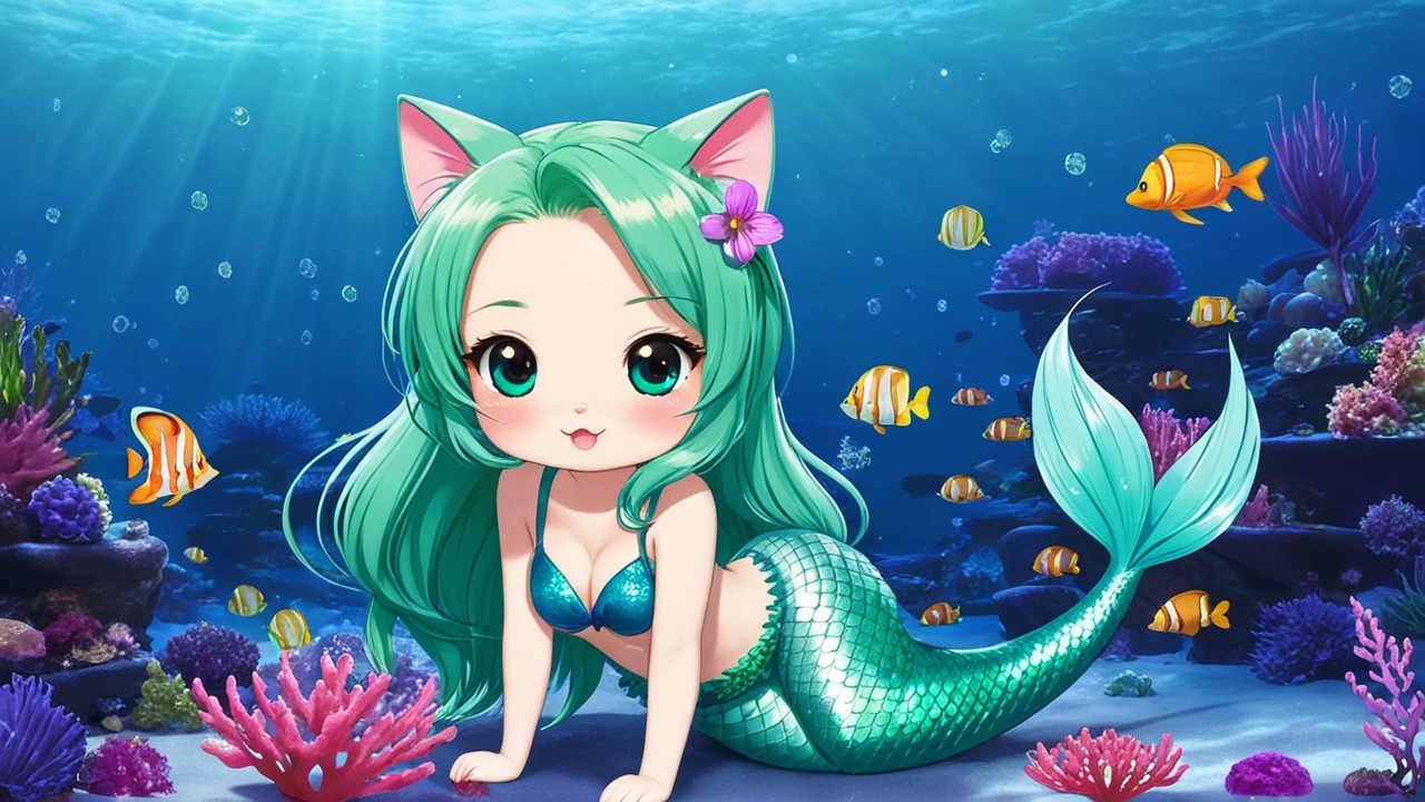 Animated mermaid on a colorful coral reef scene