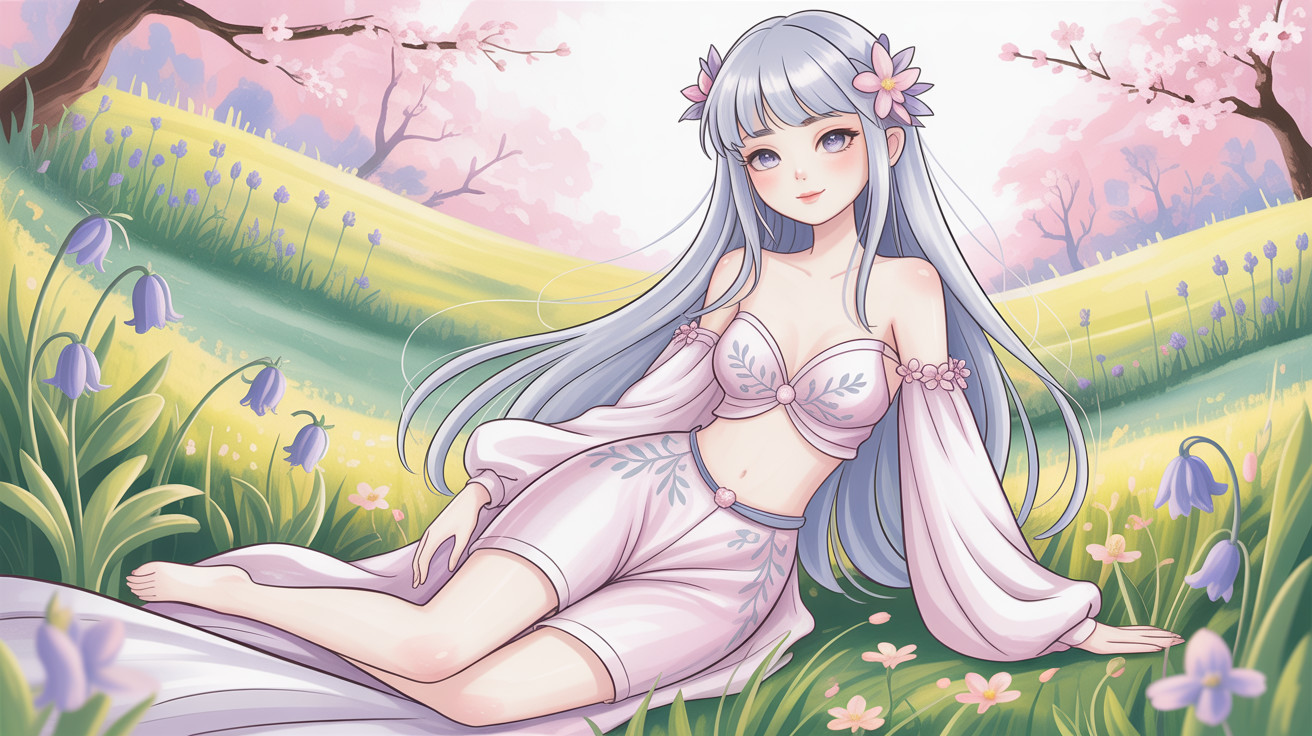 Young woman with gray hair and pink floral attire on hillside