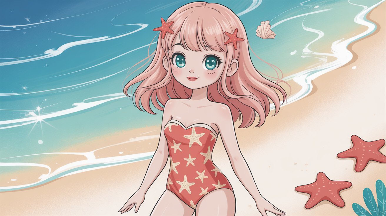 Vibrant anime girl in a red swimsuit at the beach