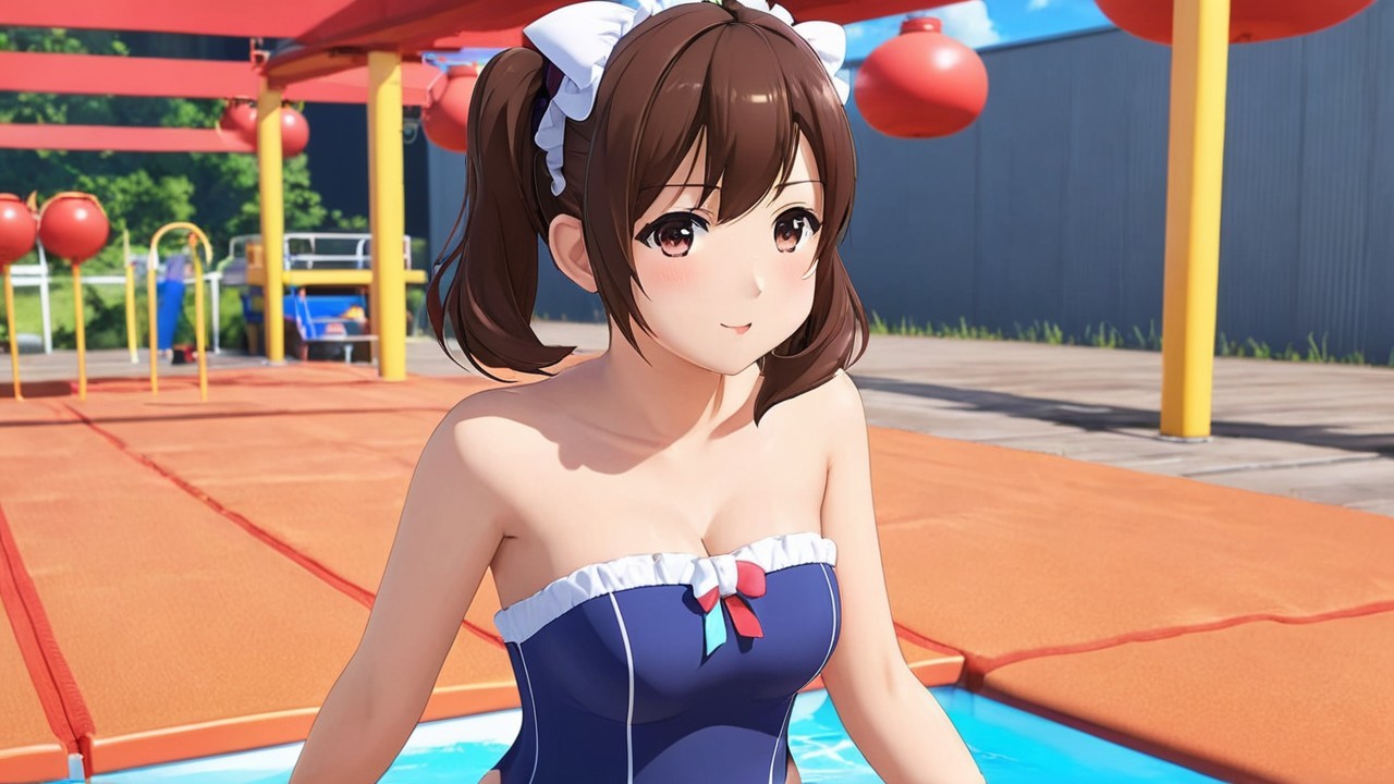 Cheerful Anime Character by Pool in Stylish Swimsuit