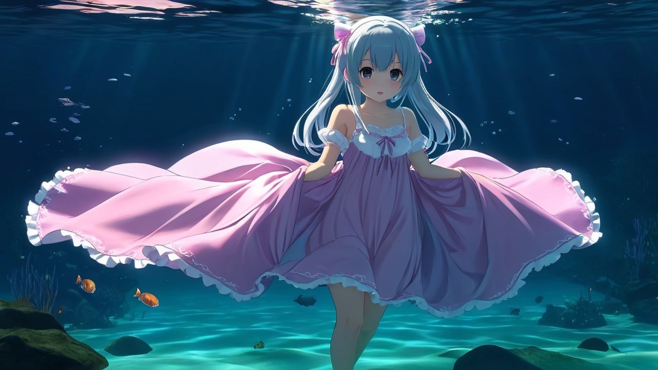 Young girl with silvery hair in pink dress underwater