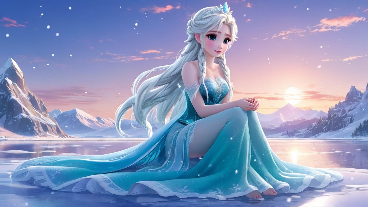 Graceful Character by Frozen Lake in Blue Gown