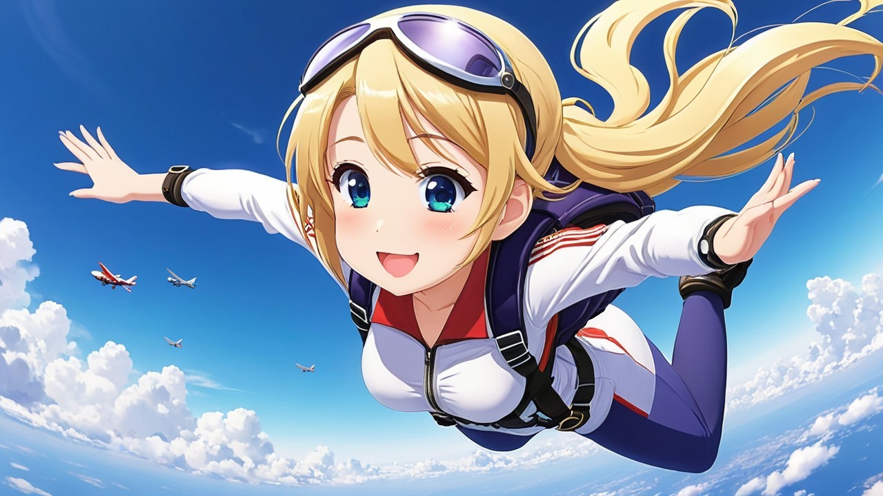 Anime-style girl skydiving in a blue sky setting