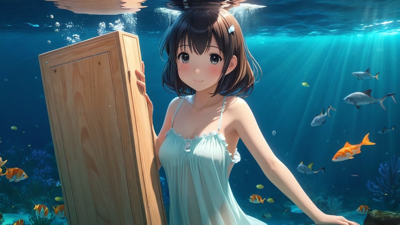Young girl underwater with colorful fish and coral
