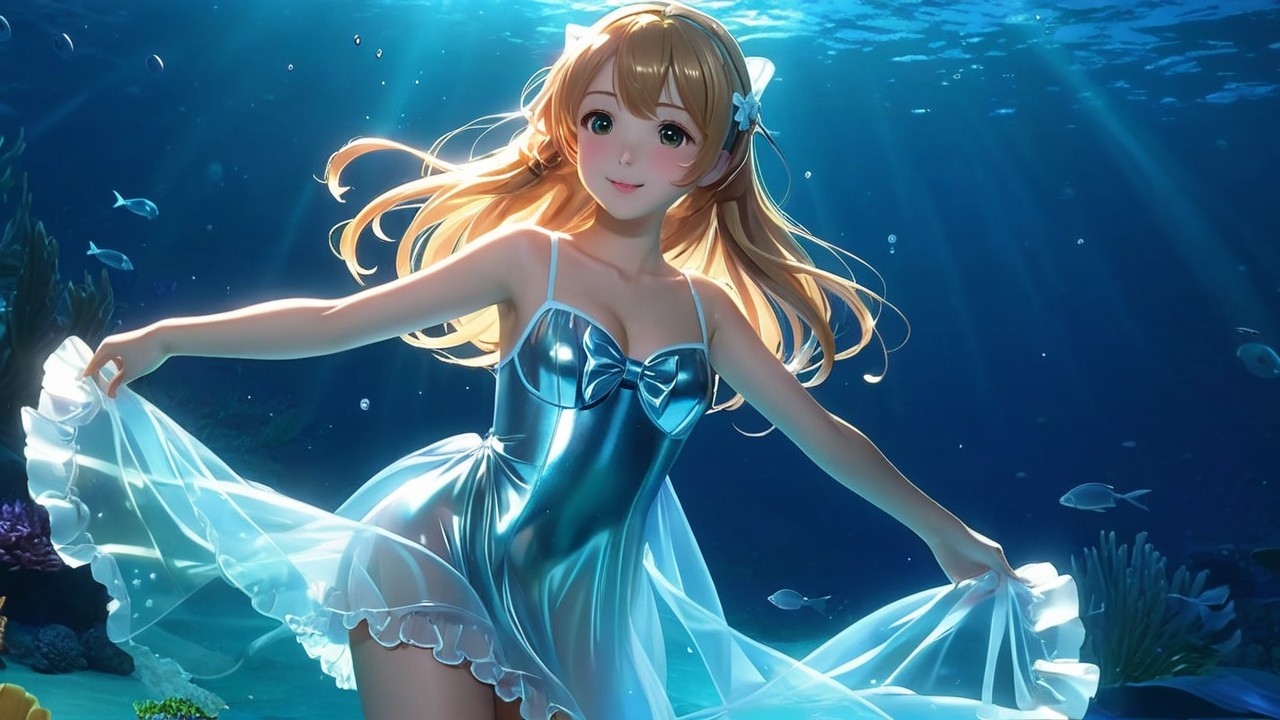 Underwater Scene with Elegant Character and Marine Life