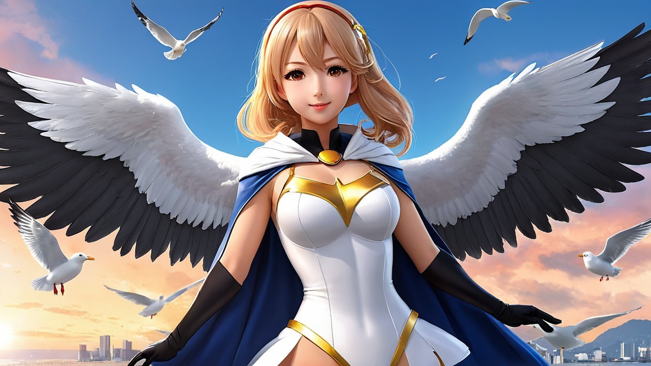 Character with Wings Against Vibrant Sky and Seagulls