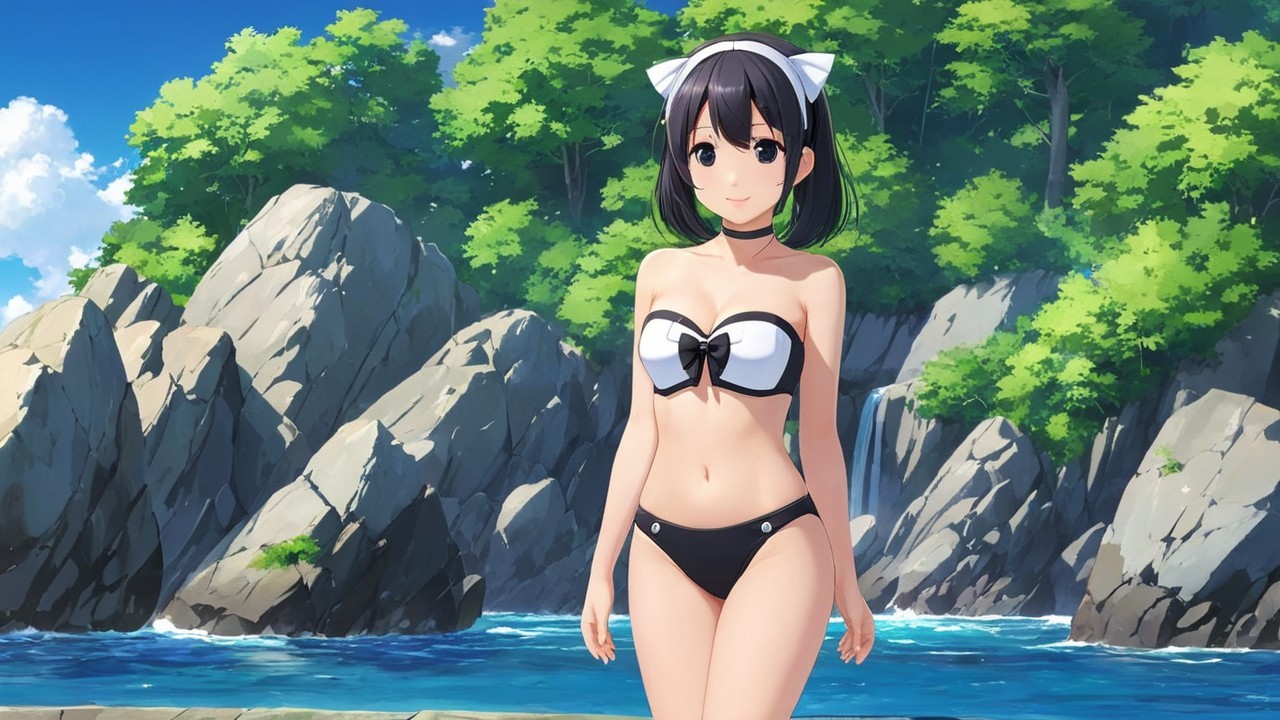 Young girl in black and white bikini on rocky beach