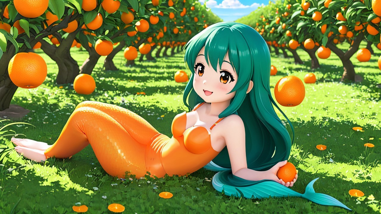 Cheerful girl in orange orchard with vibrant scenery